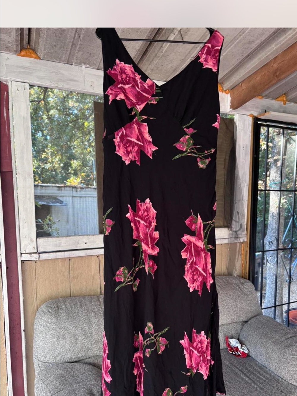 Black Midi Dress with Pink Rose Print